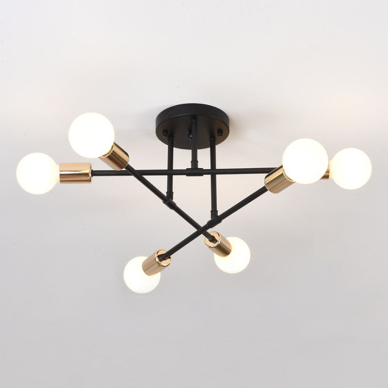 27.5" Wide Crossed Ironwork Ceiling Pendant Light Industrial Style 6-Lights Bare Bulb Semi Flush Mount Lamp for Dining Room