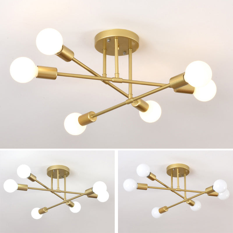 27.5" Wide Crossed Ironwork Ceiling Pendant Light Industrial Style 6-Lights Bare Bulb Semi Flush Mount Lamp for Dining Room