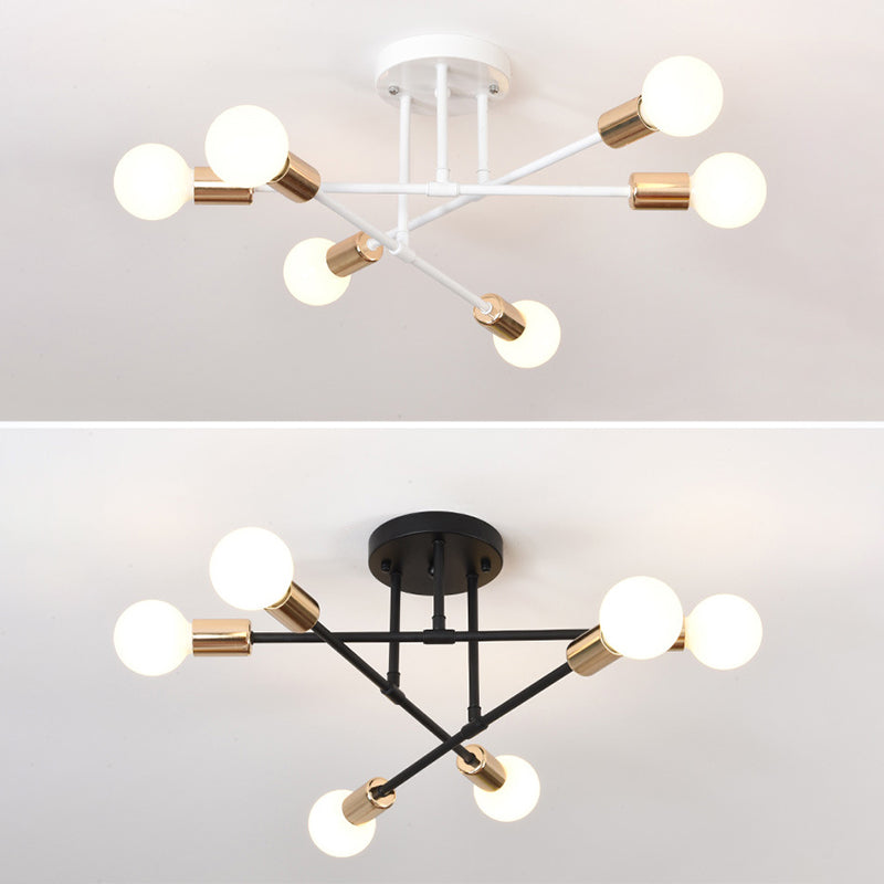 27.5" Wide Crossed Ironwork Ceiling Pendant Light Industrial Style 6-Lights Bare Bulb Semi Flush Mount Lamp for Dining Room