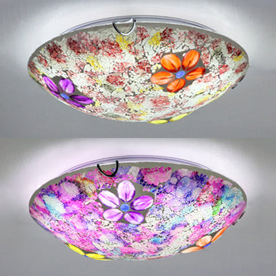 Plafonnier rond de style Tiffany en verre teinté, plafonnier encastré à 1 ampoule avec motif floral en violet/rose
