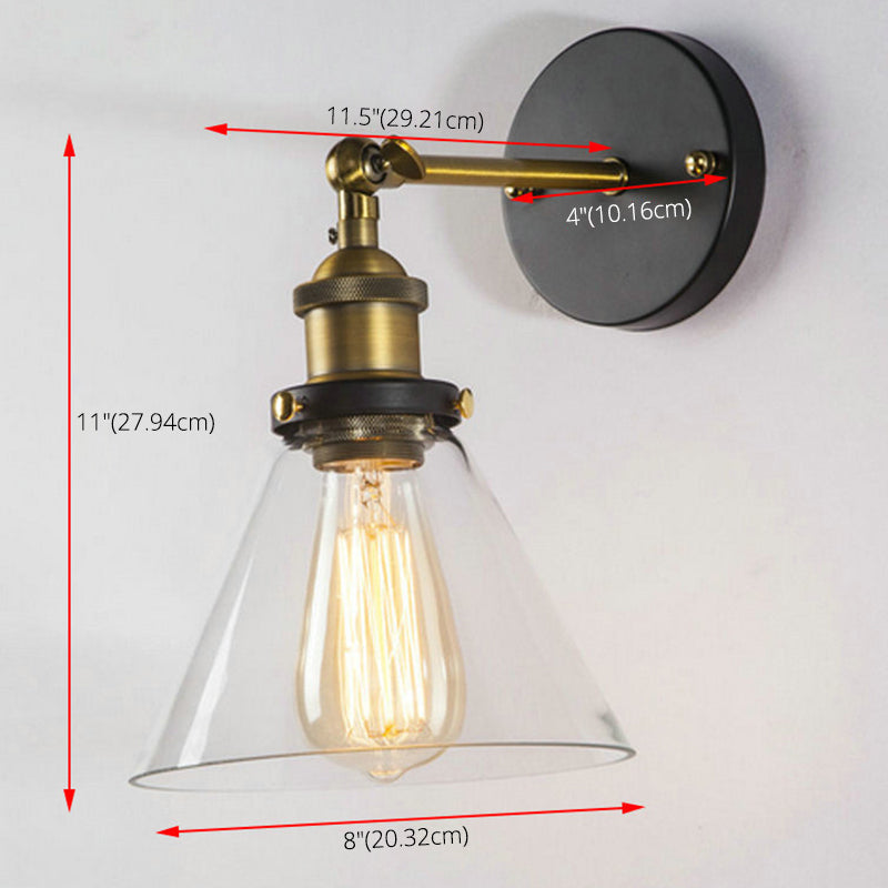 Industrial Style Conical Clear Glass Wall Sconce with Rotatable Brass Light Arm Single Light Lighting Fixture for Hallway Aisle