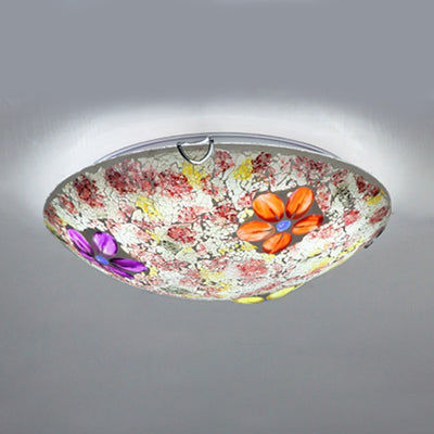 Plafonnier rond de style Tiffany en verre teinté, plafonnier encastré à 1 ampoule avec motif floral en violet/rose