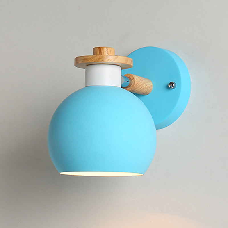 Metal Macaroon Globe Wall Lamp Single Bulb Nordic Wooden Mini Bedside Lamp with Adjustable Arm