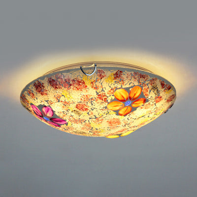 Plafonnier rond de style Tiffany en verre teinté, plafonnier encastré à 1 ampoule avec motif floral en violet/rose