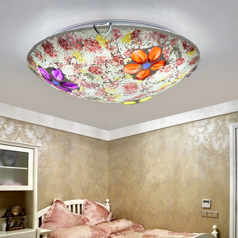 Plafonnier rond de style Tiffany en verre teinté, plafonnier encastré à 1 ampoule avec motif floral en violet/rose