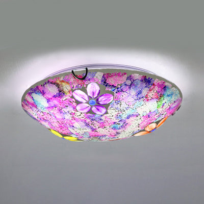 Plafonnier rond de style Tiffany en verre teinté, plafonnier encastré à 1 ampoule avec motif floral en violet/rose