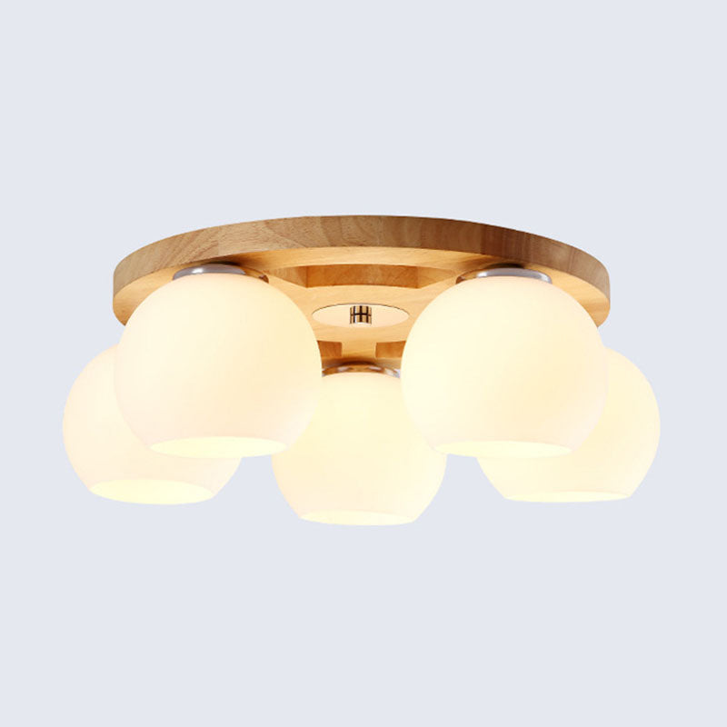 Melkachtige Glas Dome Flush Licht Eenvoud Houten Plafond Mount Verlichting voor Woonkamer