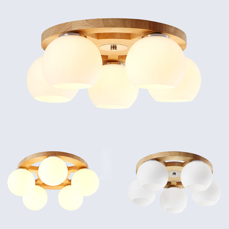 Melkachtige Glas Dome Flush Licht Eenvoud Houten Plafond Mount Verlichting voor Woonkamer