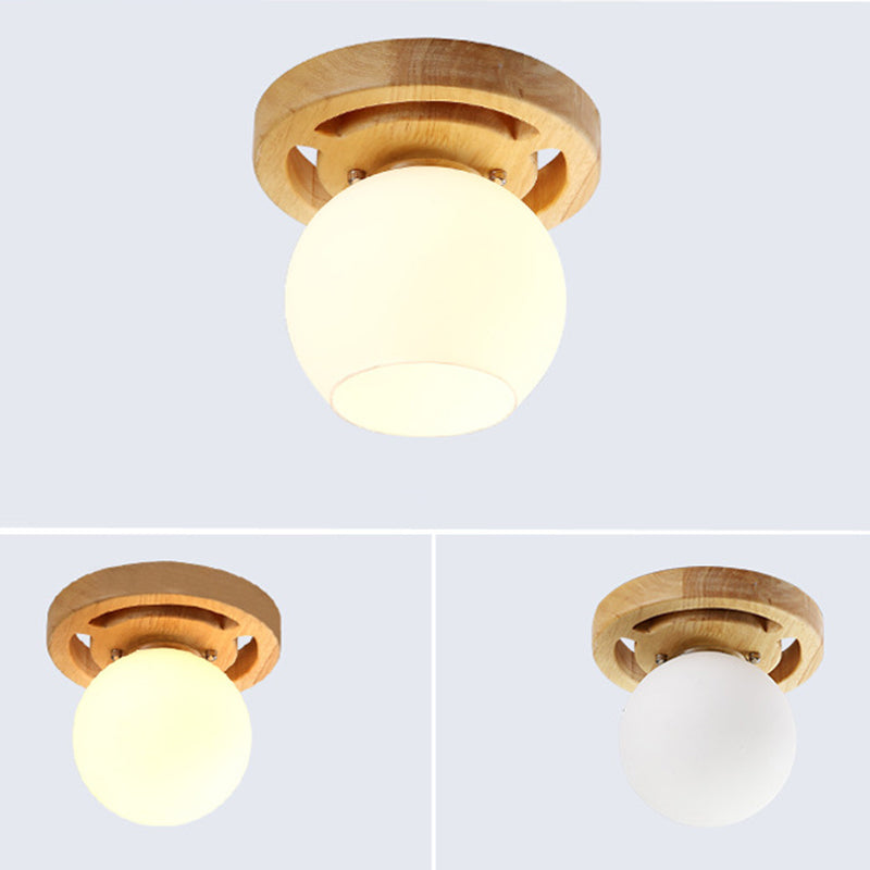 Melkachtige Glas Dome Flush Licht Eenvoud Houten Plafond Mount Verlichting voor Woonkamer