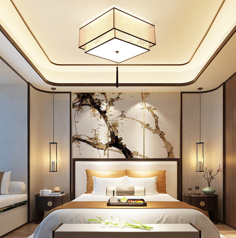 Geometric Living Room Flush Mount Ceiling Light Fixture Fabric Modern Flush Mount Lamp in White