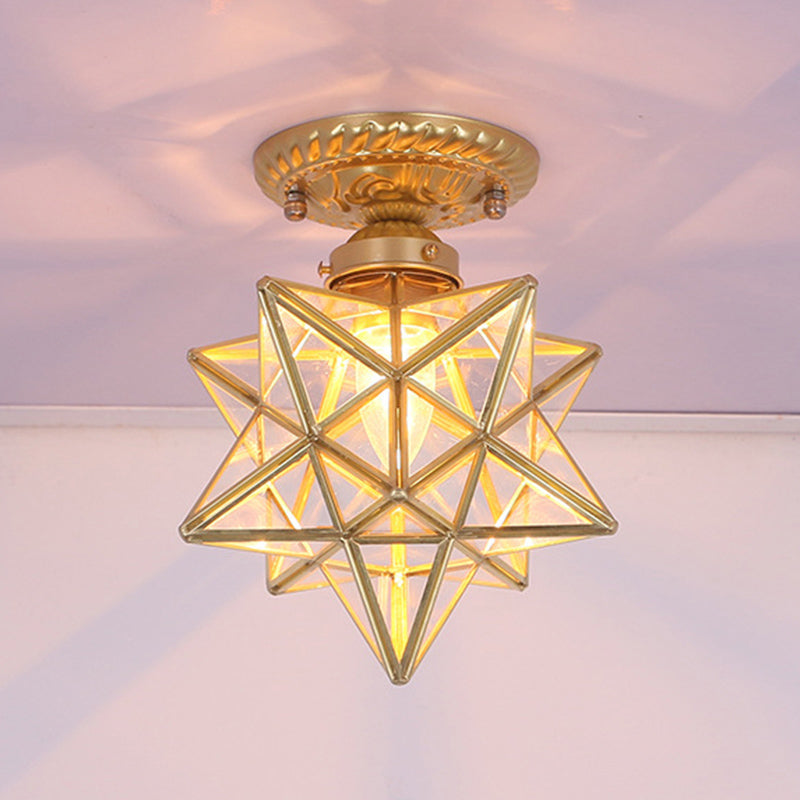 Cuivre en laiton en forme d'étoile lampe à chasse d'eau antique Verre de style 1