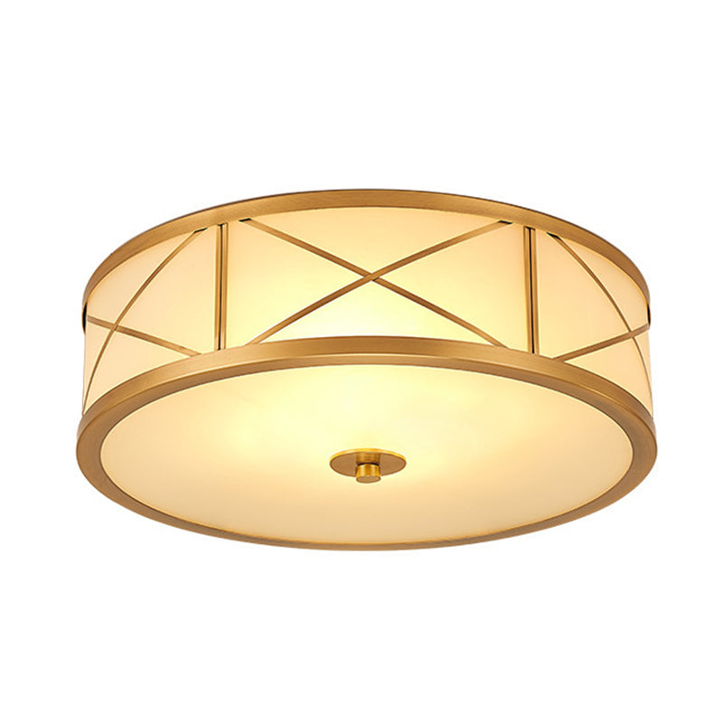 Plafonnier en verre blanc givré, plafonnier de chambre à coucher en forme de tambour en laiton colonial