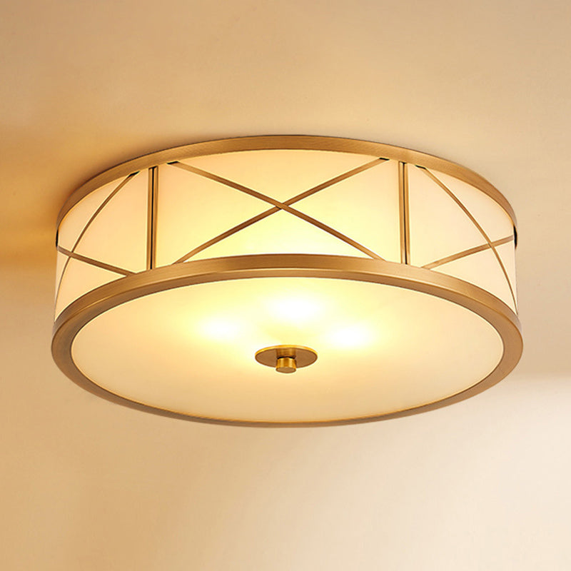 Plafonnier en verre blanc givré, plafonnier de chambre à coucher en forme de tambour en laiton colonial