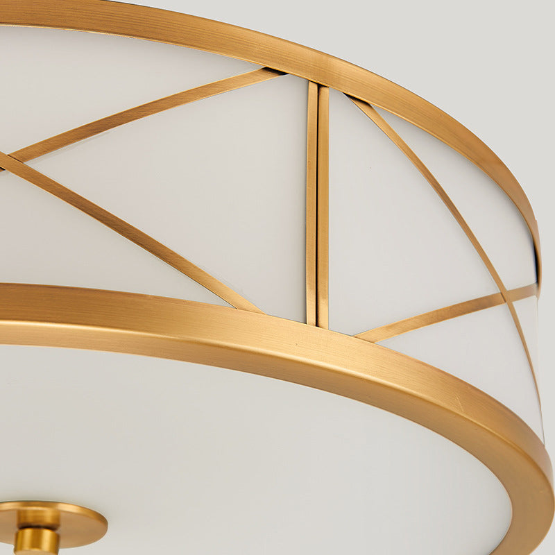 Plafonnier en verre blanc givré, plafonnier de chambre à coucher en forme de tambour en laiton colonial