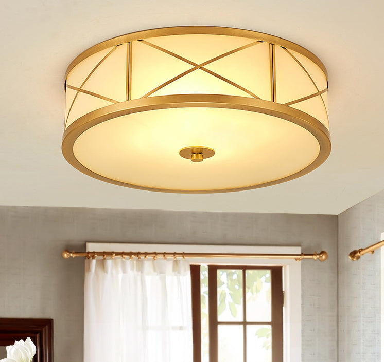 Plafonnier en verre blanc givré, plafonnier de chambre à coucher en forme de tambour en laiton colonial