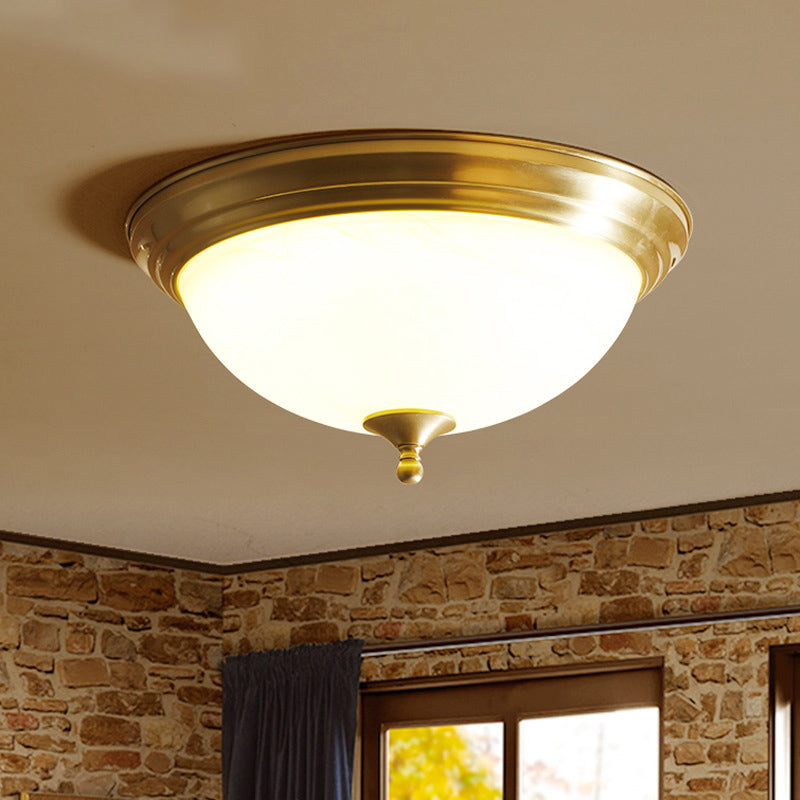 Flush Ceiling Light Traditional Domed White Glass Flush Mount Fixture in Brass for Bedroom