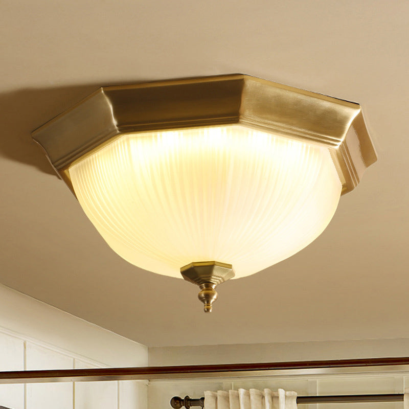 Flush Ceiling Light Traditional Domed White Glass Flush Mount Fixture in Brass for Bedroom