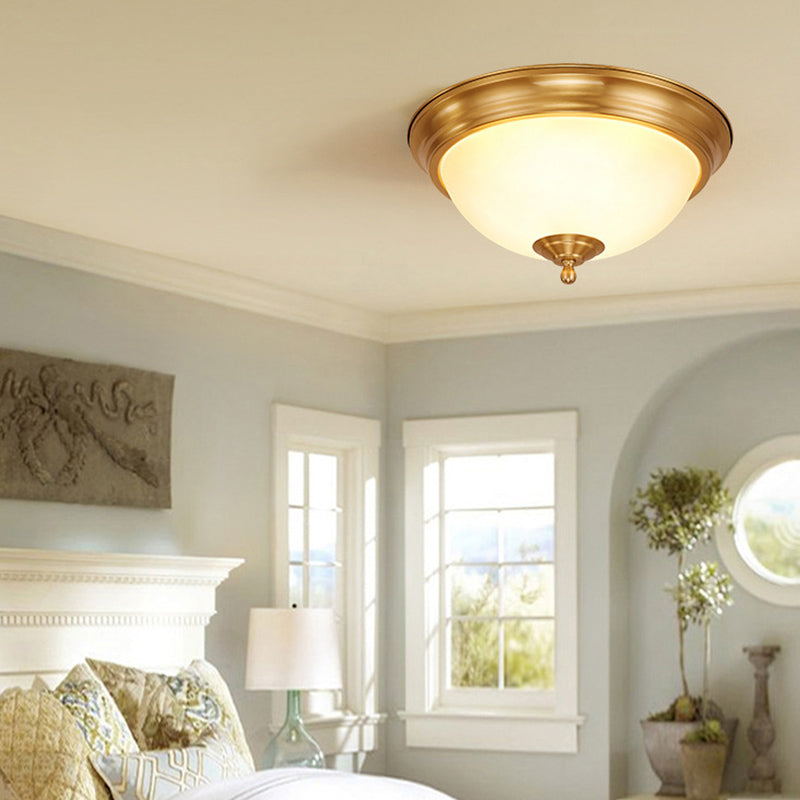 Flush Ceiling Light Traditional Domed White Glass Flush Mount Fixture in Brass for Bedroom