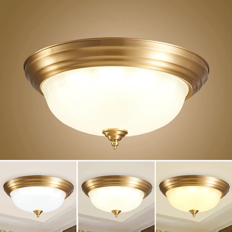 Flush Ceiling Light Traditional Domed White Glass Flush Mount Fixture in Brass for Bedroom