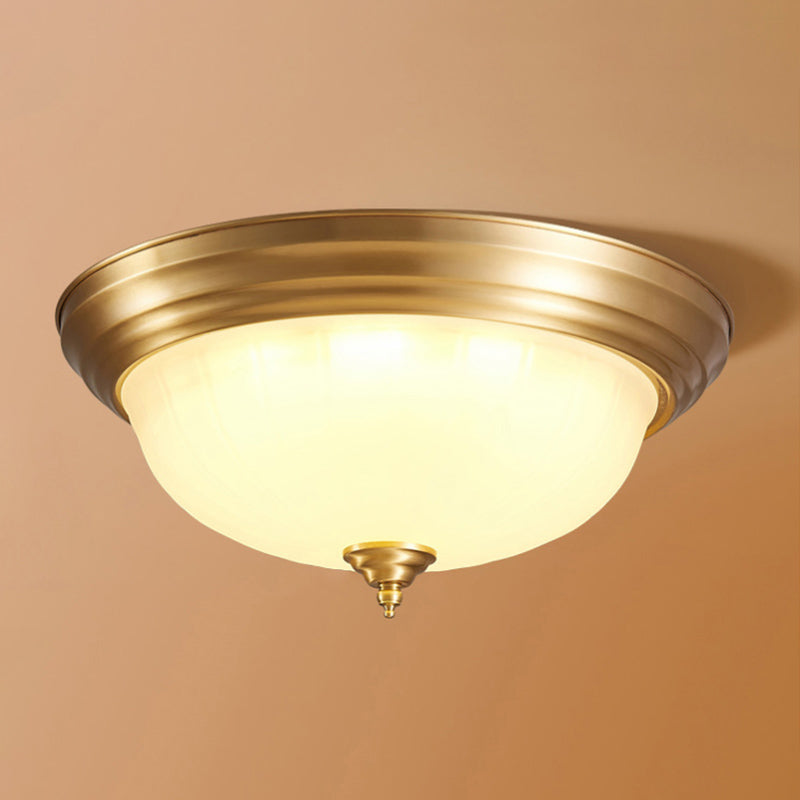 Flush Ceiling Light Traditional Domed White Glass Flush Mount Fixture in Brass for Bedroom