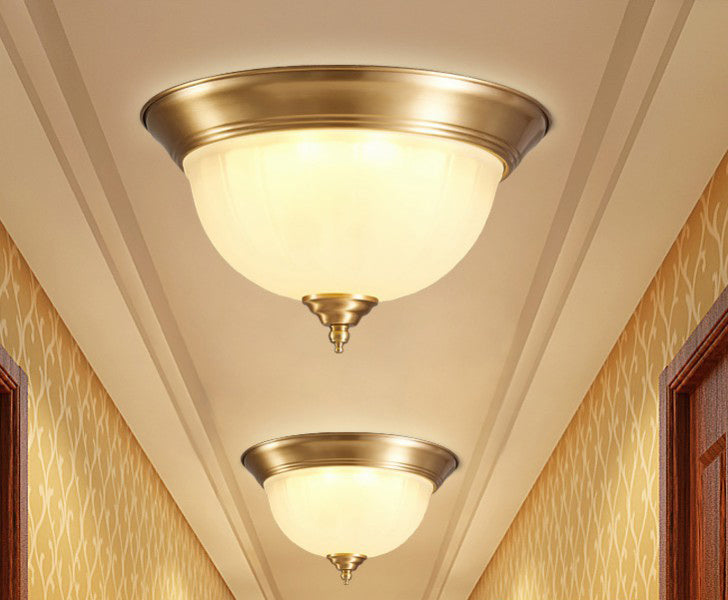 Flush Ceiling Light Traditional Domed White Glass Flush Mount Fixture in Brass for Bedroom
