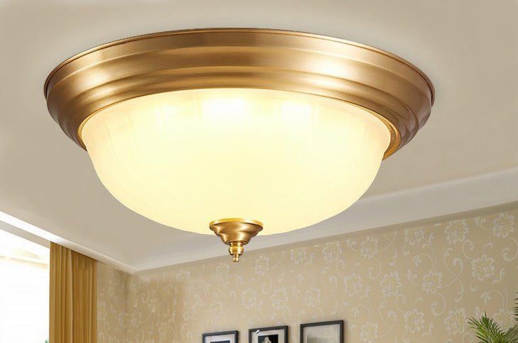 Flush Ceiling Light Traditional Domed White Glass Flush Mount Fixture in Brass for Bedroom