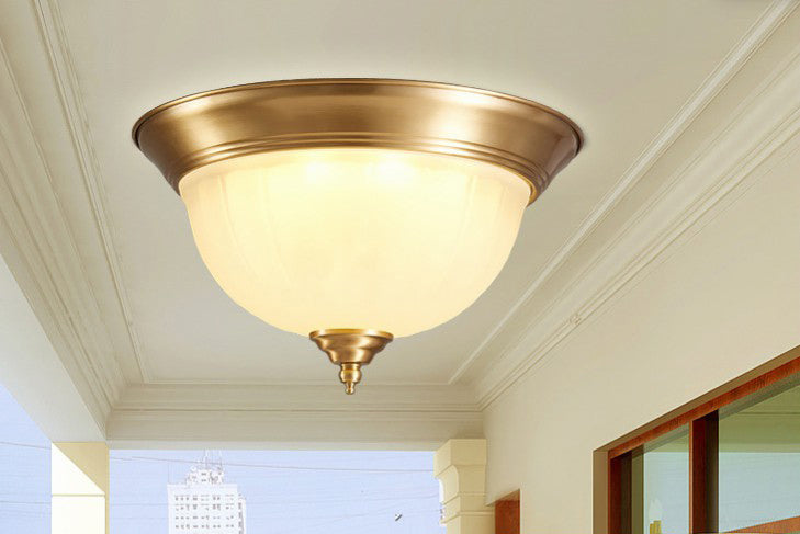 Flush Ceiling Light Traditional Domed White Glass Flush Mount Fixture in Brass for Bedroom