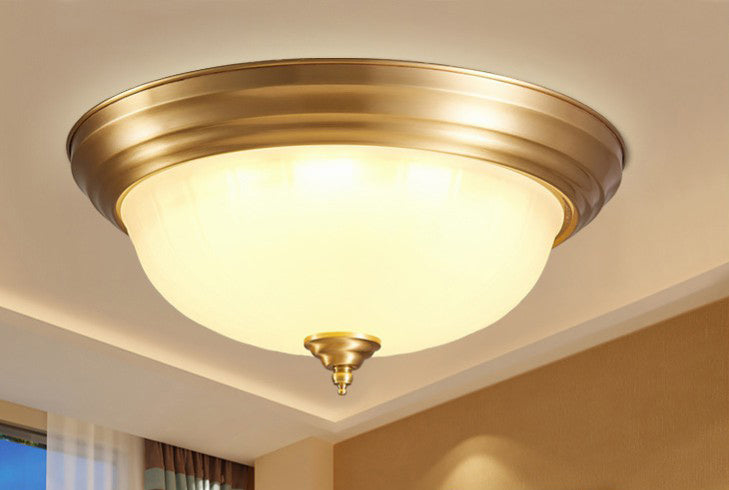 Flush Ceiling Light Traditional Domed White Glass Flush Mount Fixture in Brass for Bedroom