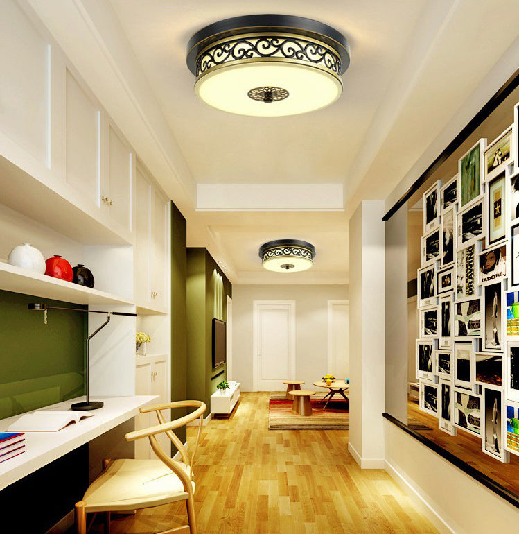Drum Shaped LED Ceiling Lamp Traditional White Glass Flush Mount Lighting for Dining Room