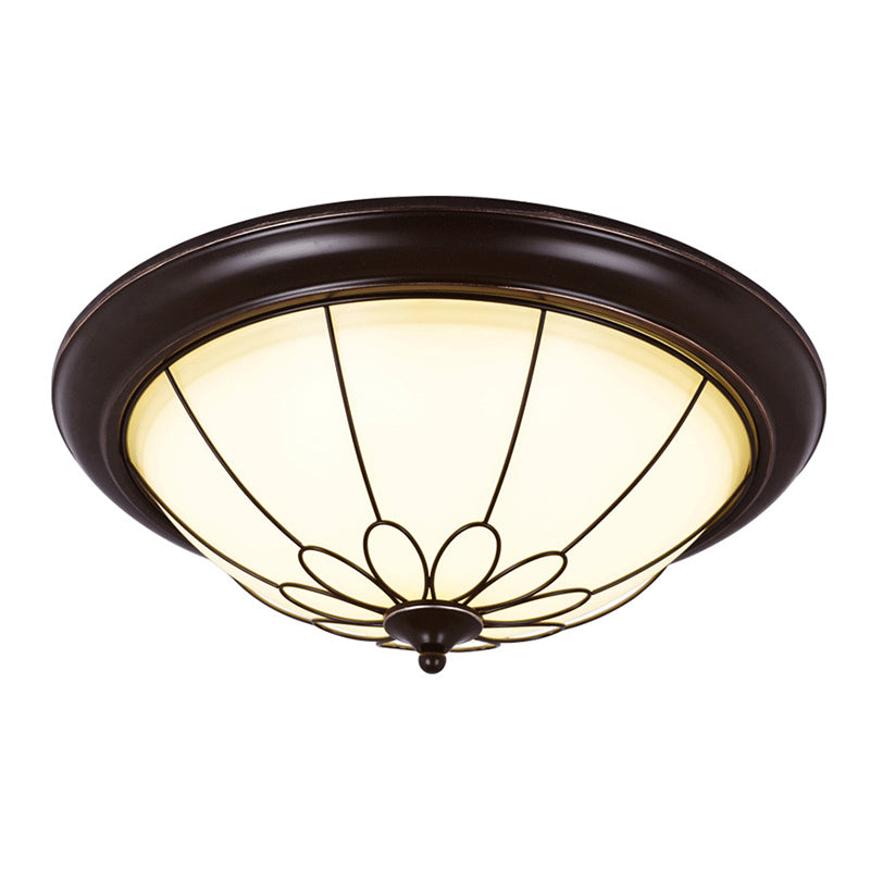 Koepelvormige plafondinbouwlamp in de hal, landelijke stijl, wit glas, zwart, inbouw LED-licht