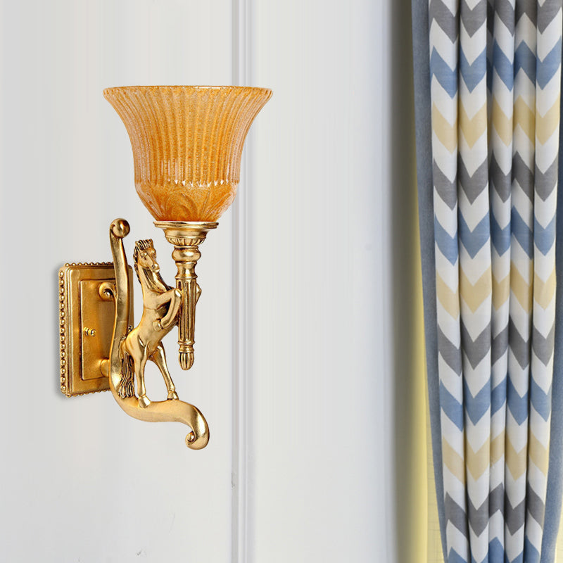 1 Bulb Resin Wall Lamp Retro Golden Steed Surface Wall Sconce with Upward Amber Carved Shade
