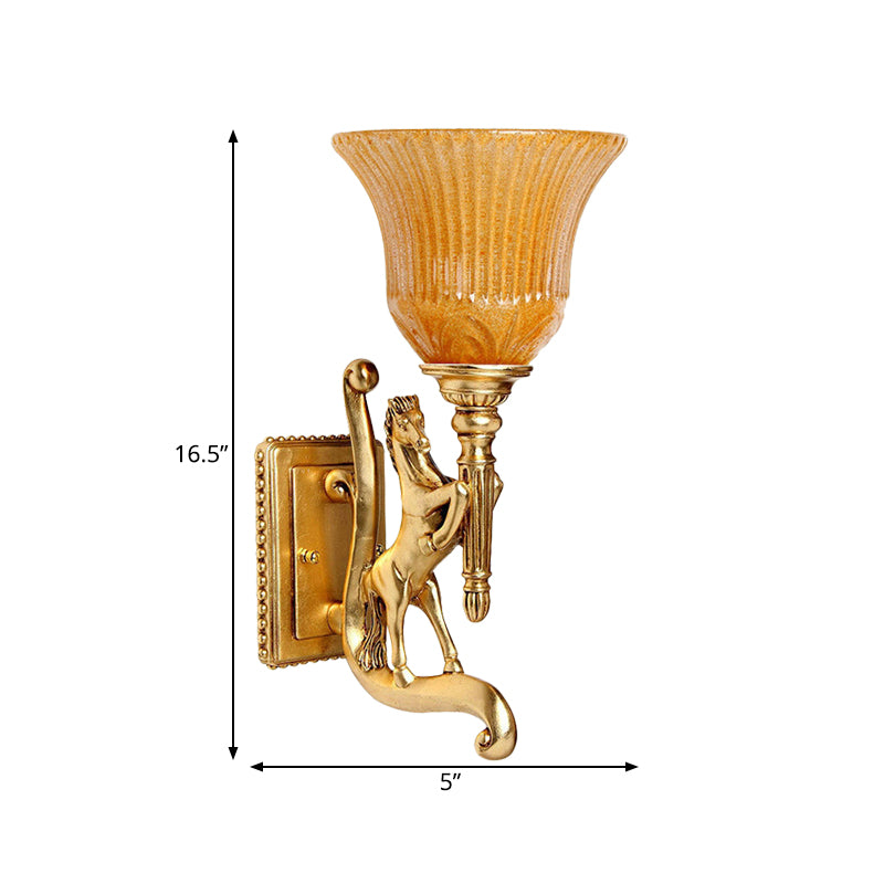 1 Bulb Resin Wall Lamp Retro Golden Steed Surface Wall Sconce with Upward Amber Carved Shade