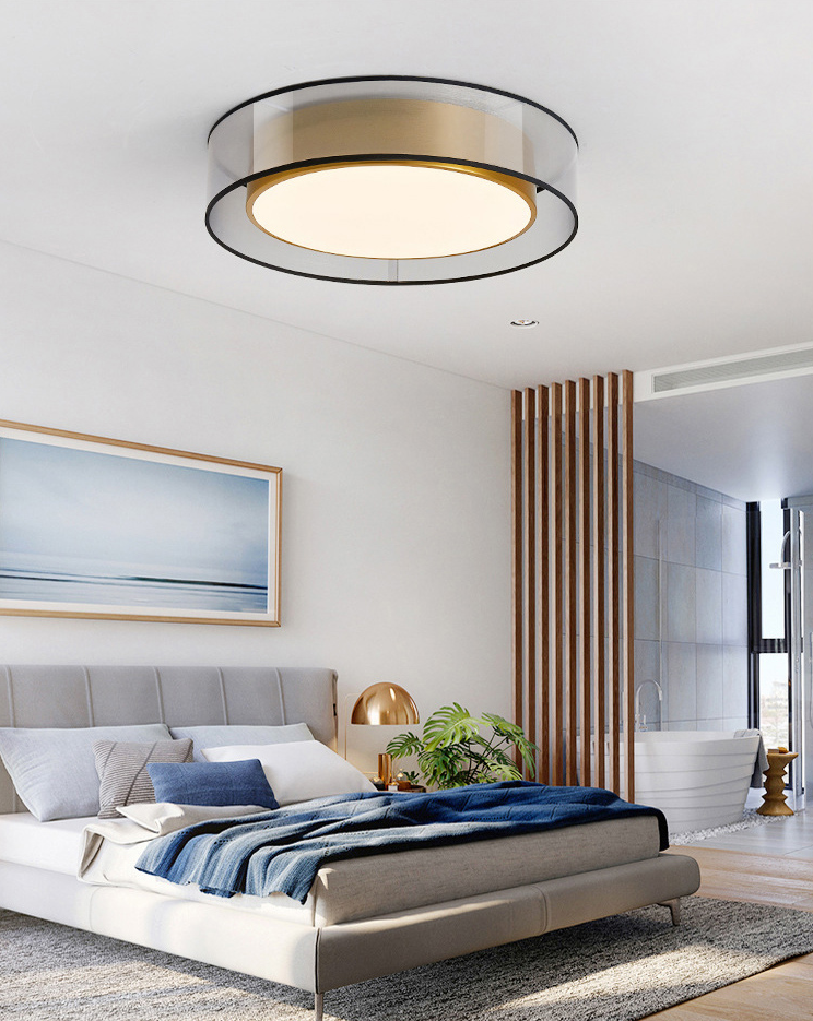 Plafonnier encastré à tambour en tissu moderne, plafonnier LED pour chambre à coucher en laiton