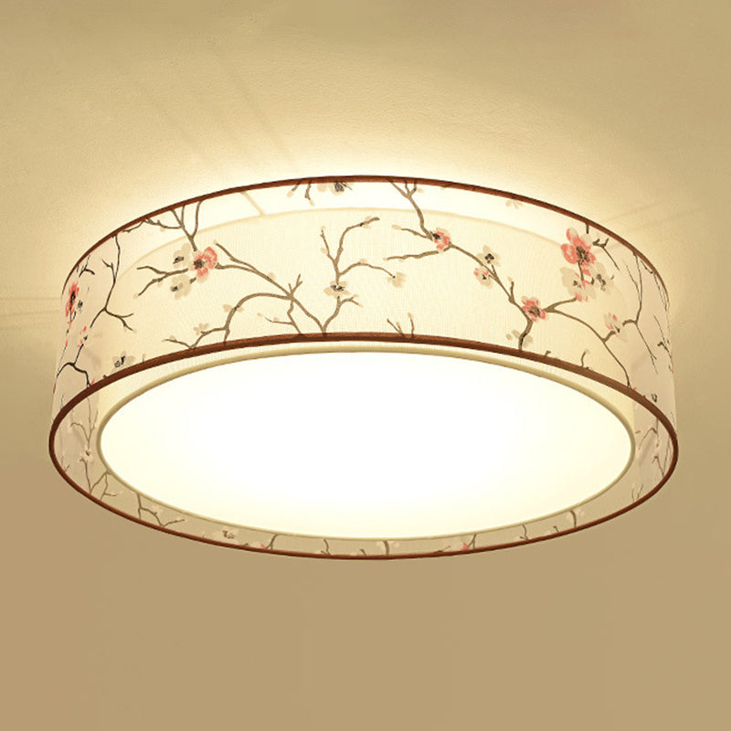 3-Light Drum Ceiling Lamp Rustic White Fabric Flush Mount Fixture with Plum Print Shade