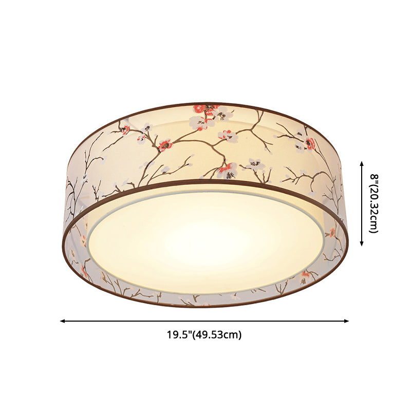 3-Light Drum Ceiling Lamp Rustic White Fabric Flush Mount Fixture with Plum Print Shade