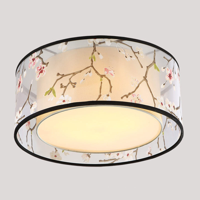 3-Light Drum Ceiling Lamp Rustic White Fabric Flush Mount Fixture with Plum Print Shade