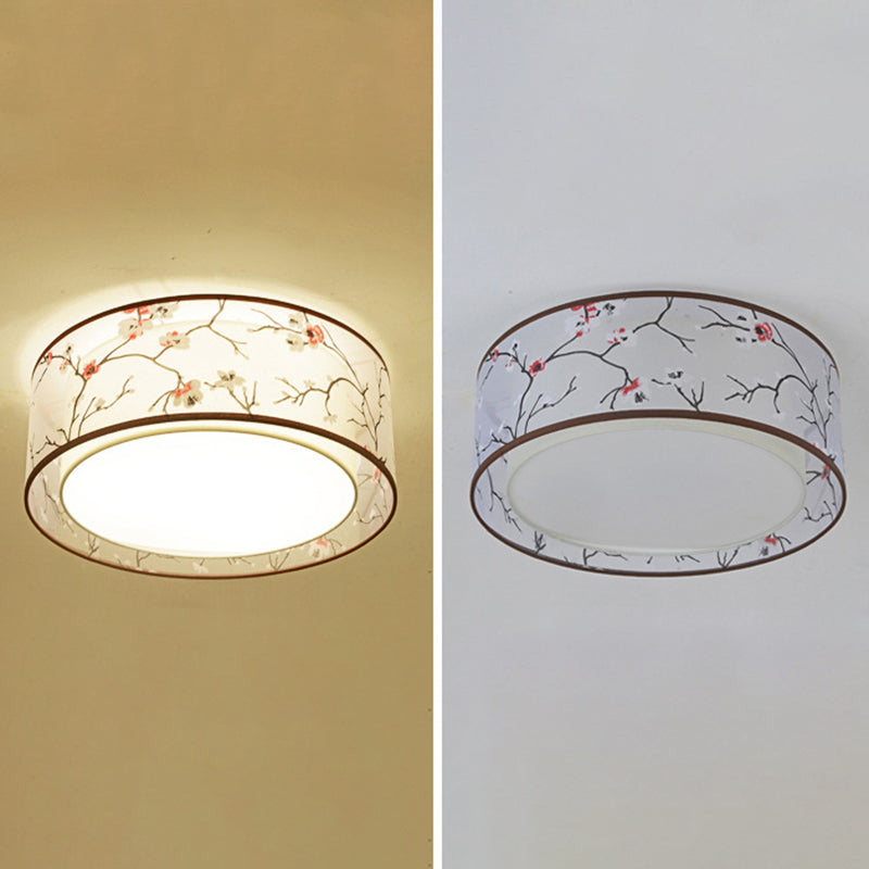 Plafonnier tambour à 3 lumières, luminaire encastré en tissu blanc rustique avec abat-jour imprimé prune