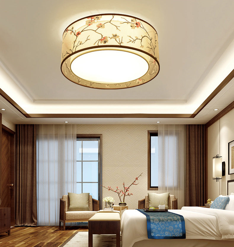 3-Light Drum Ceiling Lamp Rustic White Fabric Flush Mount Fixture with Plum Print Shade