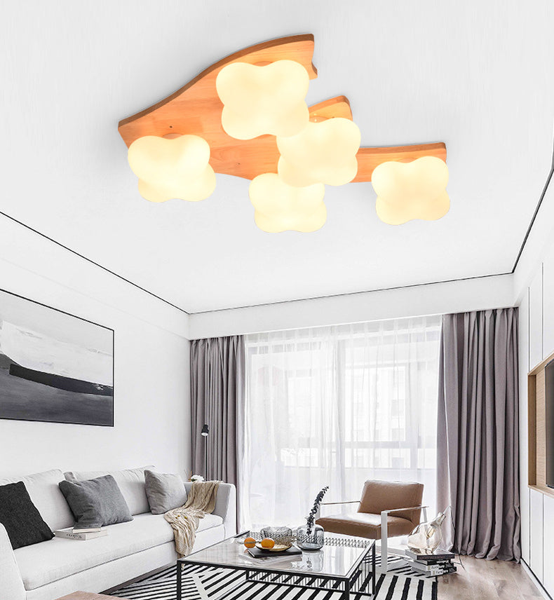 Creative Wooden Flush Mount Ceiling Light Frosted Glass Ceiling Mounted Fixture for Living Room