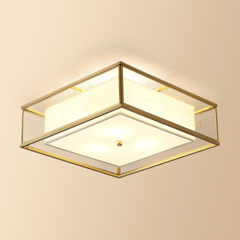 Quadratische Unterputzleuchte im Landhausstil, Deckenleuchte aus Stoff mit Tüllschirm außen in Gold