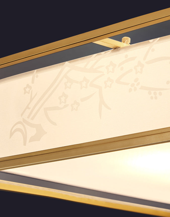 Quadratische Unterputzleuchte im Landhausstil, Deckenleuchte aus Stoff mit Tüllschirm außen in Gold