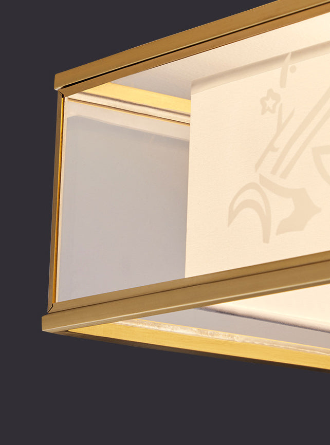 Quadratische Unterputzleuchte im Landhausstil, Deckenleuchte aus Stoff mit Tüllschirm außen in Gold