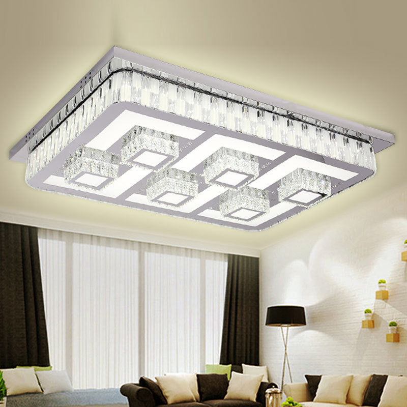 Stainless Steel Rectangle Flush Lamp Contemporary Crystal Flush Mount LED Light for Living Room