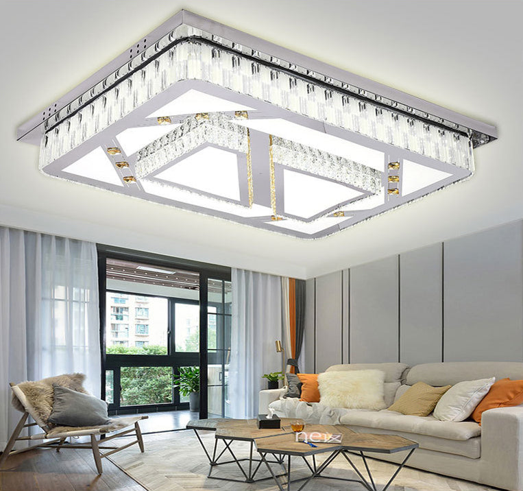 Stainless Steel Rectangle Flush Lamp Contemporary Crystal Flush Mount LED Light for Living Room