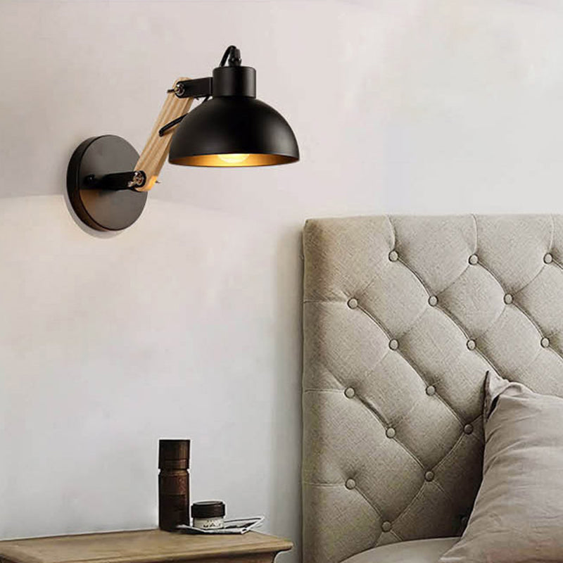 Industrial Wall Lamp with Wood Swing Arm Dome Metal Shade Wall Mount Light for Bedroom Bedside