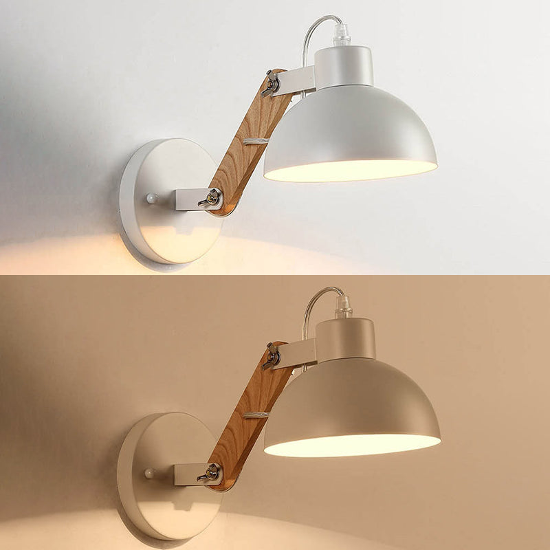 Industrial Wall Lamp with Wood Swing Arm Dome Metal Shade Wall Mount Light for Bedroom Bedside