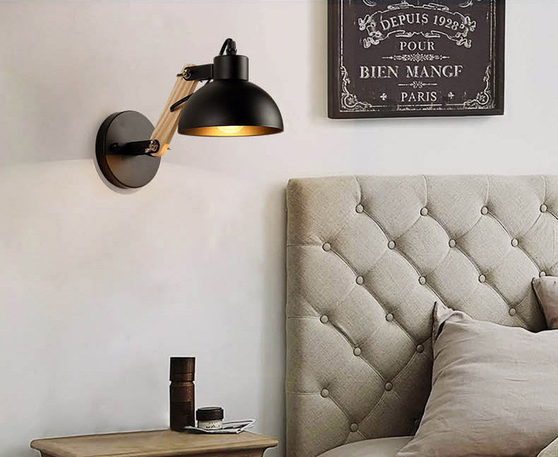 Industrial Wall Lamp with Wood Swing Arm Dome Metal Shade Wall Mount Light for Bedroom Bedside
