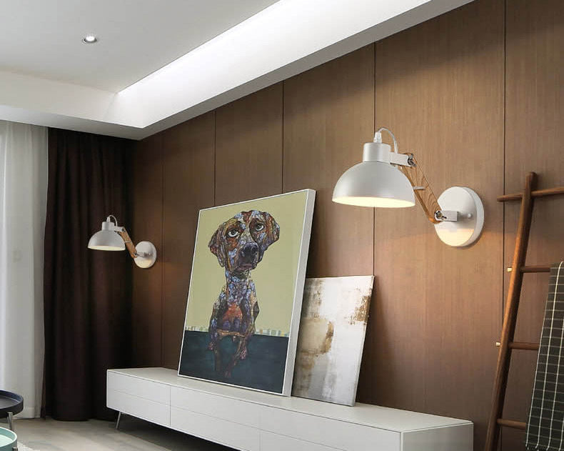 Industrial Wall Lamp with Wood Swing Arm Dome Metal Shade Wall Mount Light for Bedroom Bedside