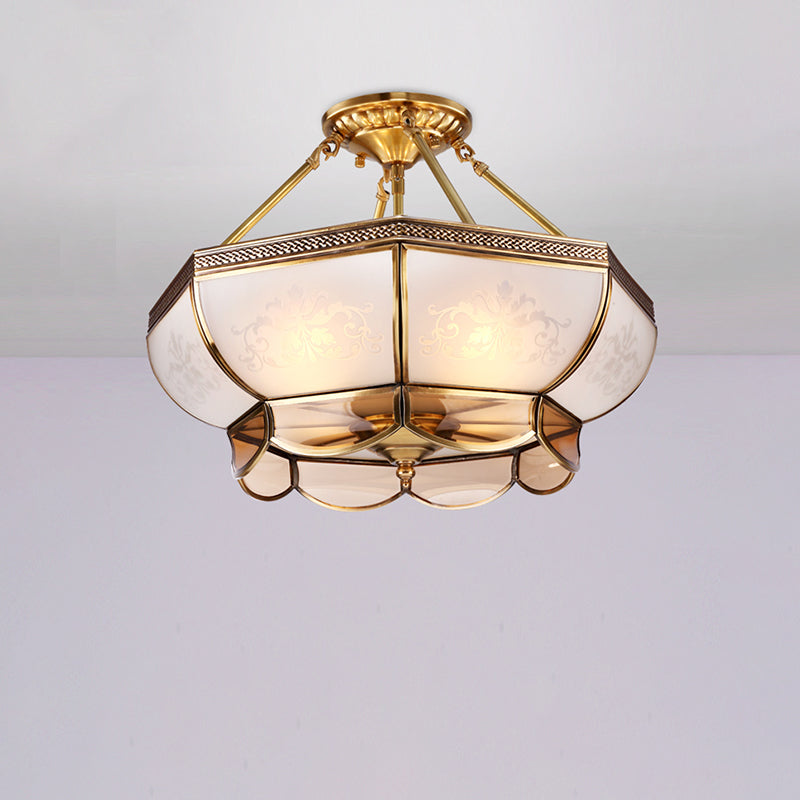 3/4 Bulbs Dome Ceiling Light Fixture Colonial Brass Satin Opal Glass Semi Flush Mount Lighting for Living Room, 14"/18" Dia