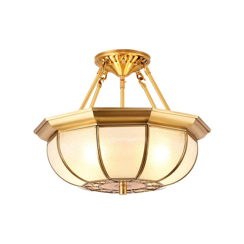 Colonial Oval Ceiling Light Fixture 3/4/6 Bulbs Cream Glass Semi Mount Lighting in Brass for Bedroom, 14"/18"/23.5" W
